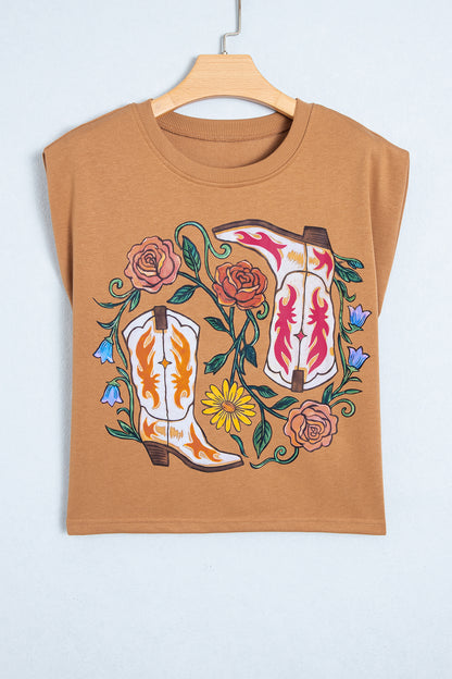 Camel Western Boots Flower Printed Sleeveless Loose Tank Top