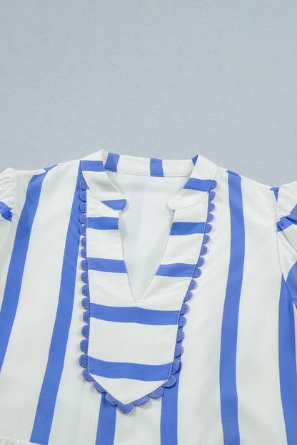 Sky Blue Stripe Split V Neck Puff Sleeve Summer Blouse