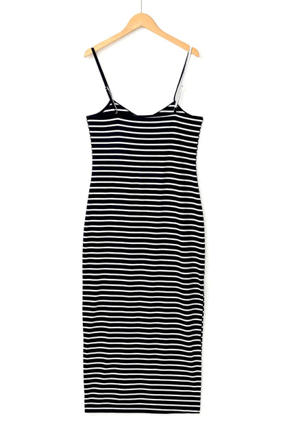 Black Stripe Asymmetric Shoulder Tee Slit Pencil Dress Set - Chic Meadow Boutique 