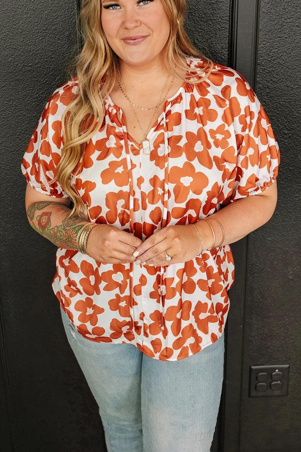 Plus Size/Plus Size Tops/Plus Size Blouses & Shirts Orange Plus Size Floral Print Drawstring V Neck Short Sleeve Blouse