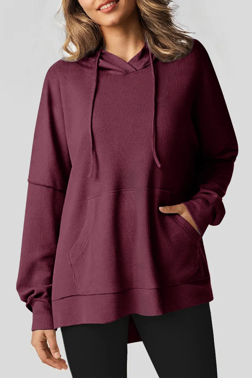 Red Dahlia Waffle Knit Fleece Lined High Low Oversized Hoodie - Chic Meadow Boutique 