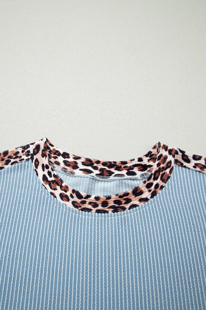 Sky Blue Leopard Trim Twist Ribbed Short Set