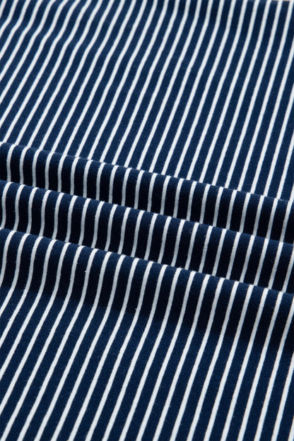 Blue Stripe Drop Shoulder Round Neck Long Sleeve Tee and Buttoned Shorts 2pcs Lounge Set