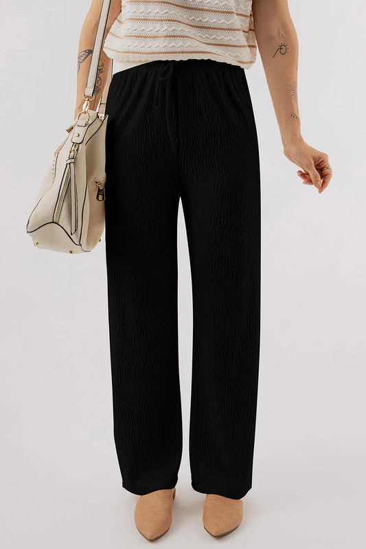 Black Textured Loose Drawstring Pants - Chic Meadow Boutique 