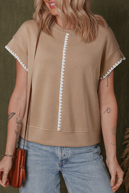 Straw Yellow Ric Rac Color Contrast Ribbed Edge Crewneck T Shirt