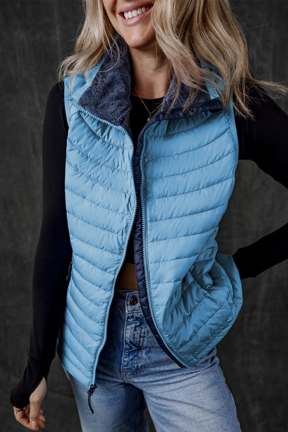 Sky Blue Plush Collared Quilted Zipped Puffer Vest - Chic Meadow Boutique 