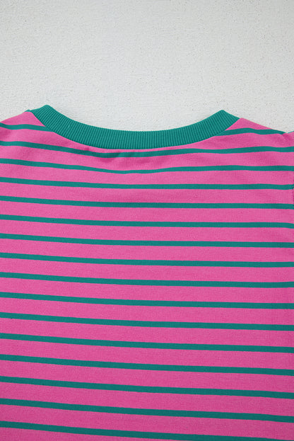 Pink Stripe Colorblock Ruffled Sleeve Crew Neck Blouse