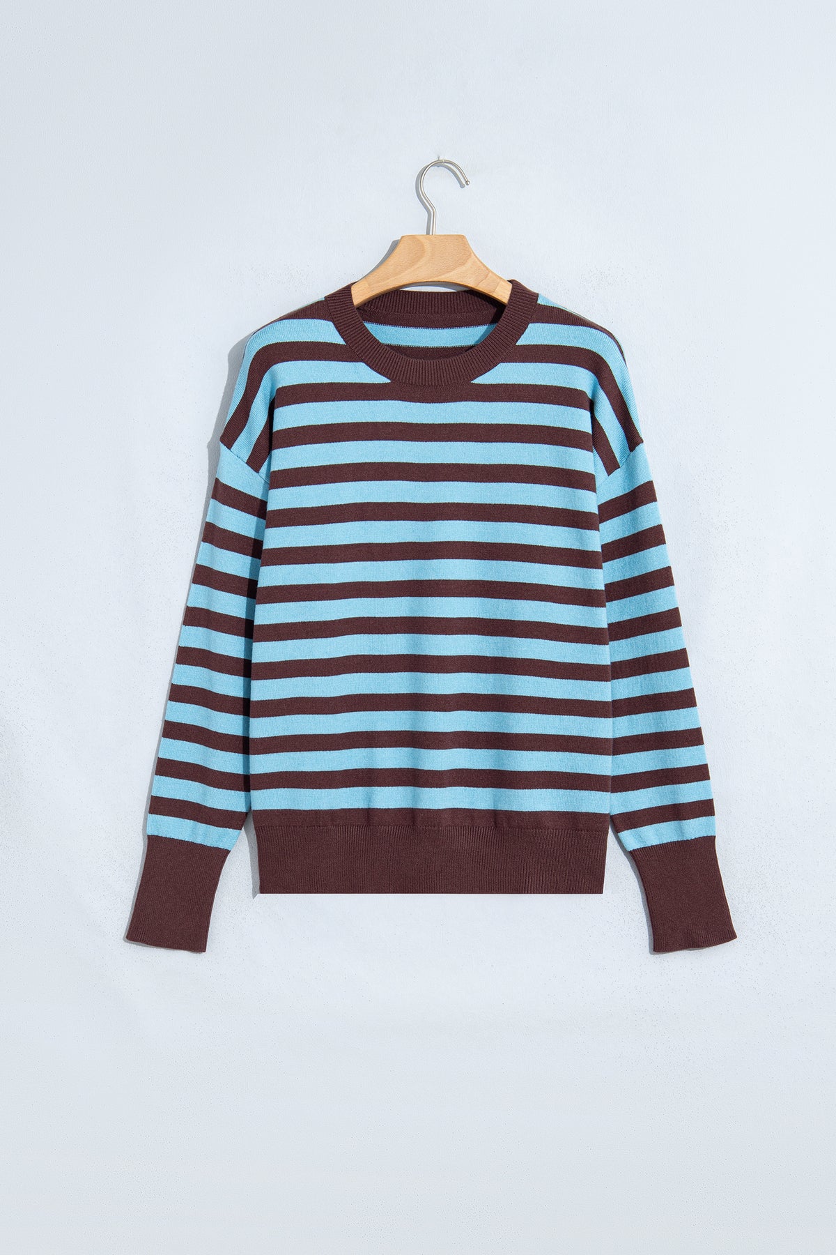 Brown Stripe Color Block Loose Crew Neck Cuffed Sweater