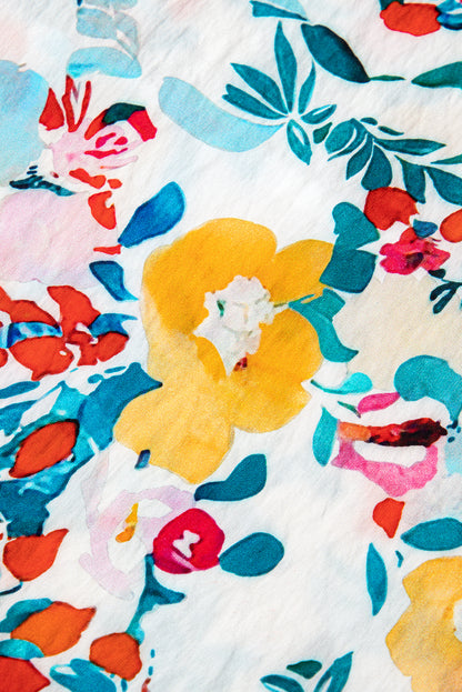 Peacock Blue Floral Print Slit V Neck Short Sleeve Blouse