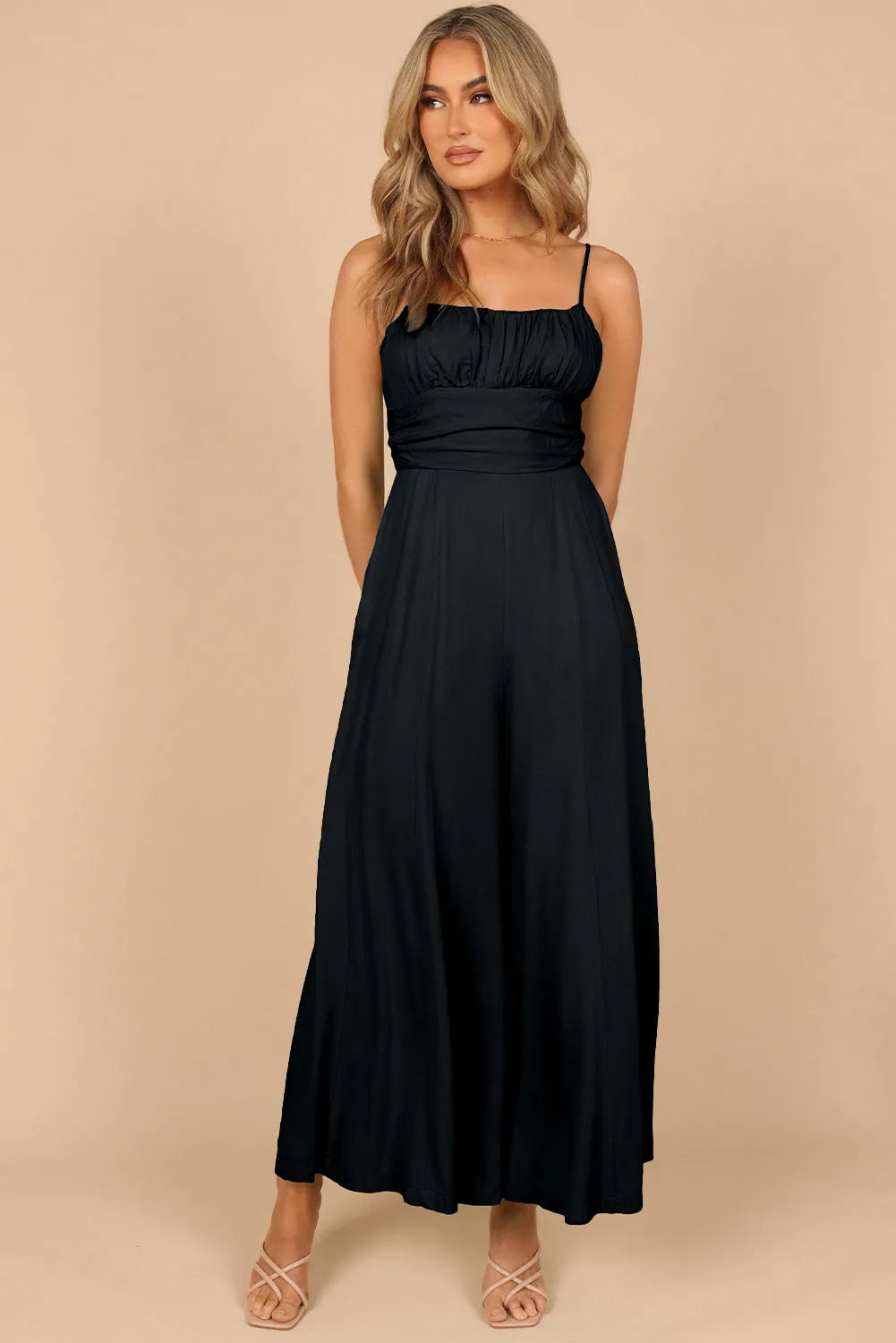 Black Spaghetti Straps Backless Knot Wide-Leg Jumpsuit - Chic Meadow Boutique 