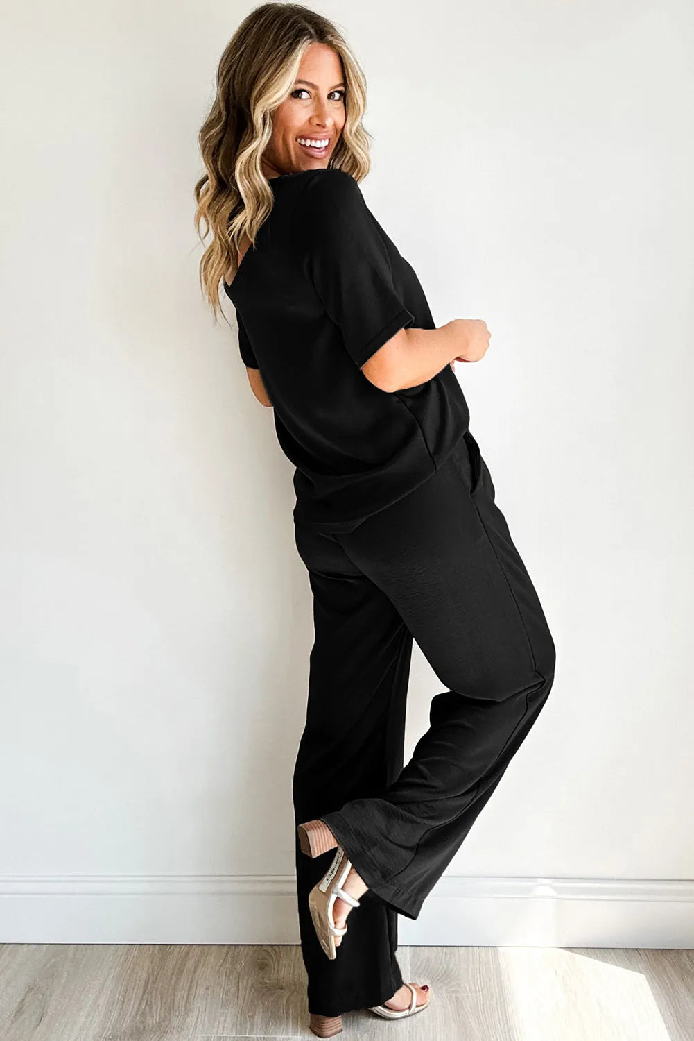 Black Solid Color T Shirt 2pcs Wide Leg Pants Set - Chic Meadow Boutique 