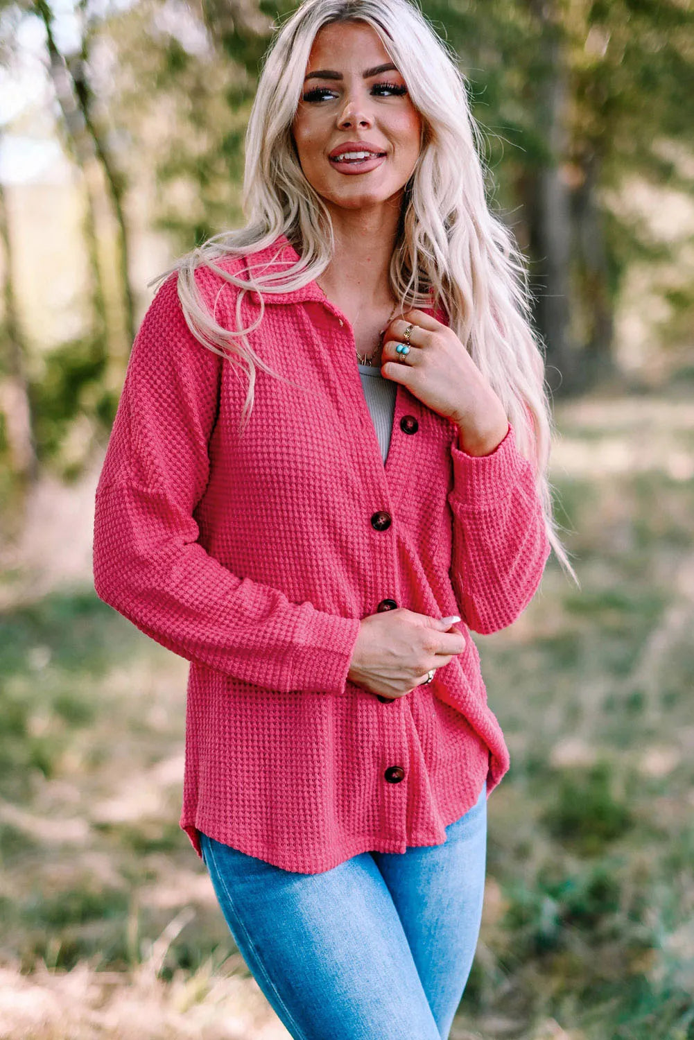 Pink Waffle Knit Button Up Casual Shirt - Chic Meadow Boutique 