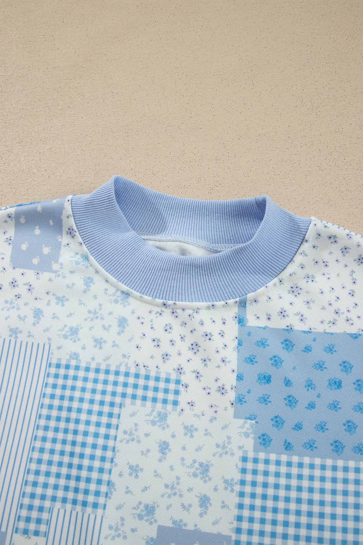 Sky Blue Patchwork Floral Print Drop Shoulder Baggy Pullover Drawstring Shorts Set