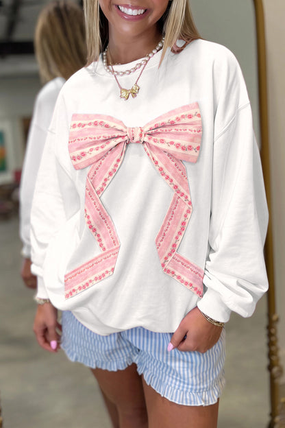 White Floral Bow Decoration Drop Shoulder Long Sleeve Top