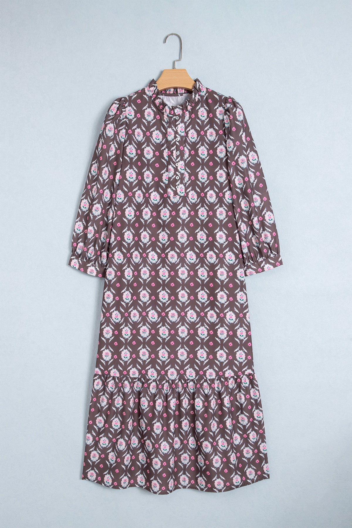 Brown Floral Print Button Front Ruffle Hem Midi Dress
