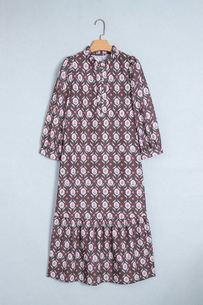 Brown Floral Print Button Front Ruffle Hem Midi Dress
