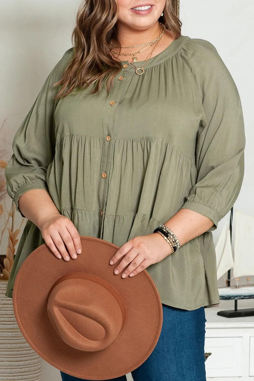 Plus Size/Plus Size Tops/Plus Size Blouses & Shirts Green Plus Size Ruffle Tiered Split Neck Shirt