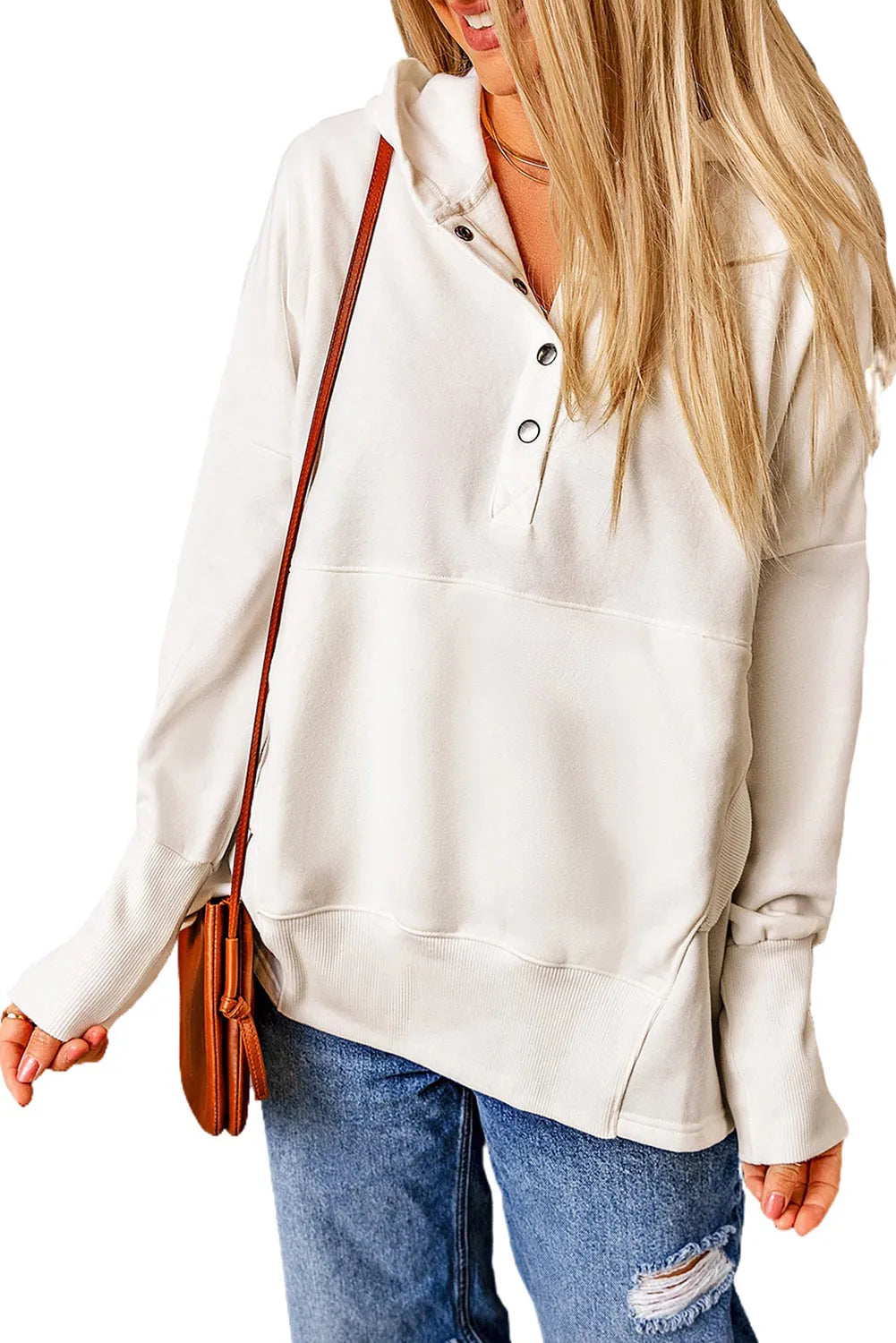 White Batwing Sleeve Pocketed Henley Hoodie - Chic Meadow Boutique 