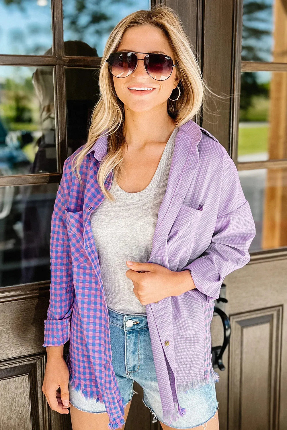 Purple Mixed Plaid Button Down Long Sleeve Chest Pocket Shirt - Chic Meadow Boutique 