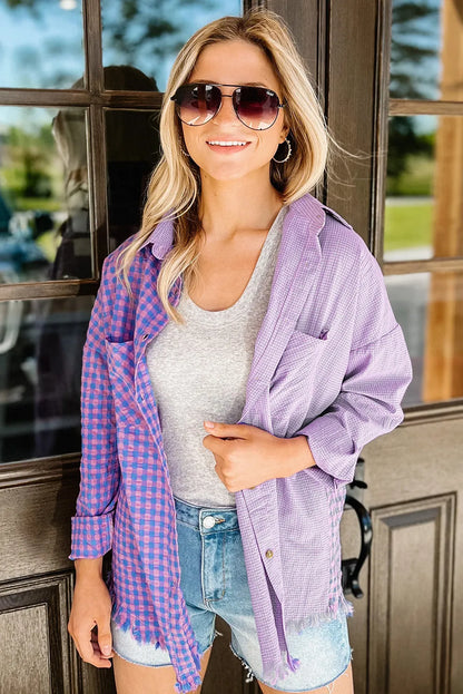 Purple Mixed Plaid Button Down Long Sleeve Chest Pocket Shirt - Chic Meadow Boutique 