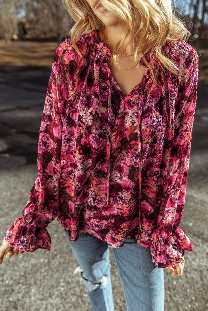 Rose Red Floral Allover Print Drawstring Ruffled V Neck Loose Blouse - Chic Meadow Boutique 