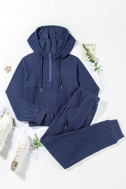 Navy Blue Ribbed Knit Cropped Hoodie and Drawstring Joggers Set - Chic Meadow Boutique 