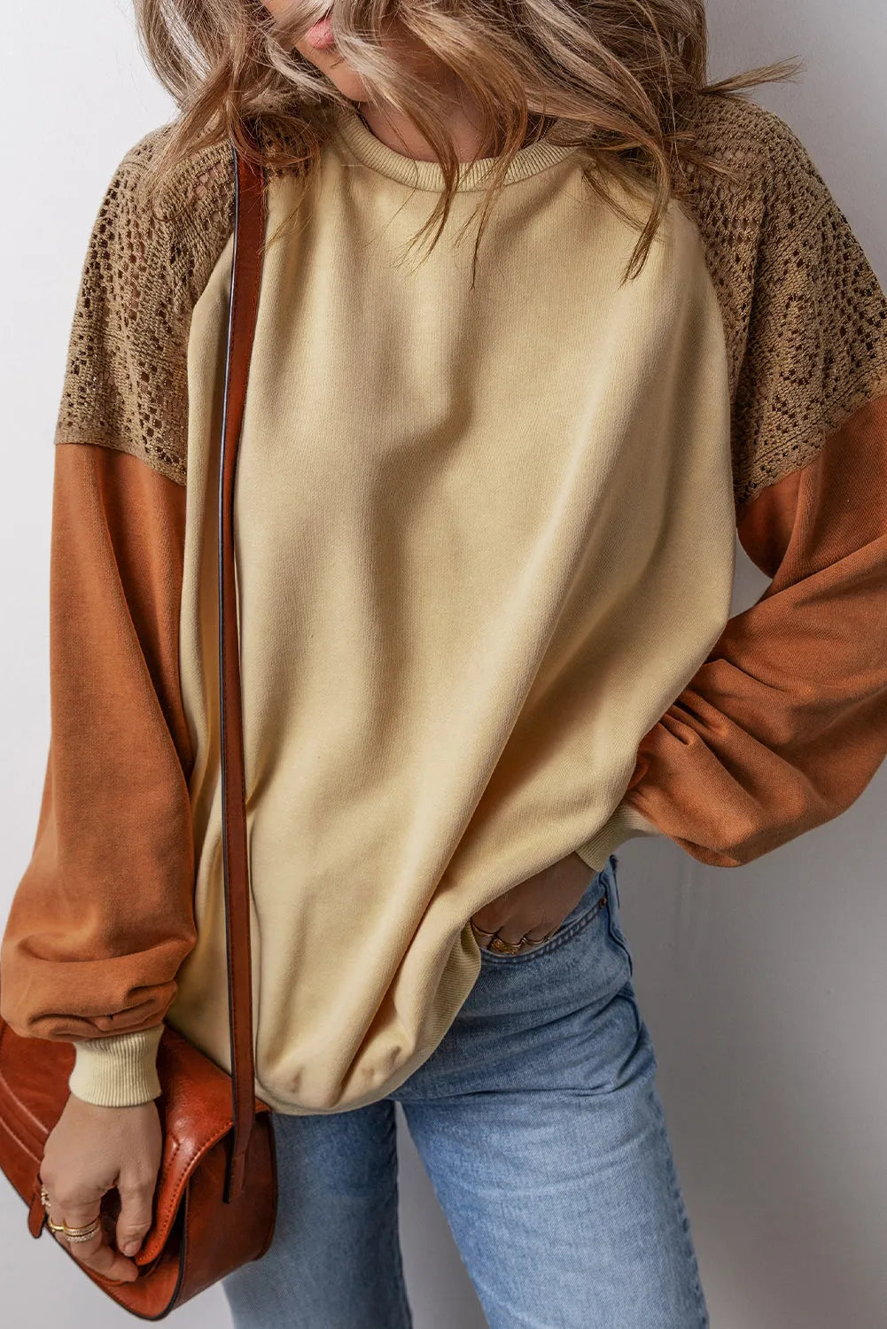 Khaki Lace Patchwork Colorblock Drop Shoulder Sweatshirt - Chic Meadow Boutique 