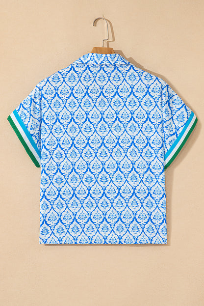 Sky Blue Western Print Zipped Collar Short Sleeve Summer Blouse Top