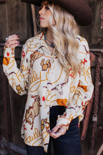 Beige howdy Western Patterns Button up Loose Shirt - Chic Meadow Boutique 