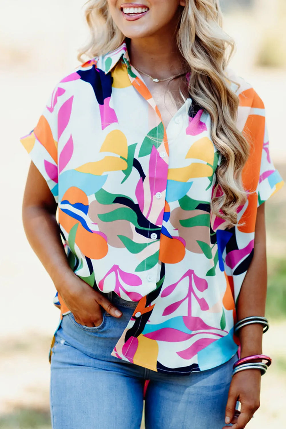 Multicolour Abstract Leafy Print Short Sleeve Shirt - Chic Meadow Boutique 