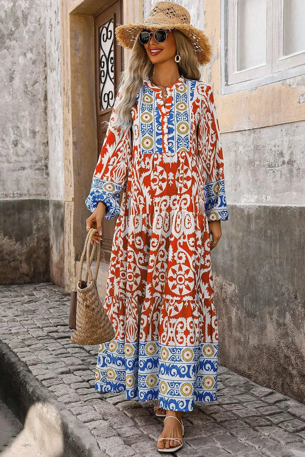 Orange Boho Geometric Printed Long Sleeve Maxi Dress - Chic Meadow Boutique 