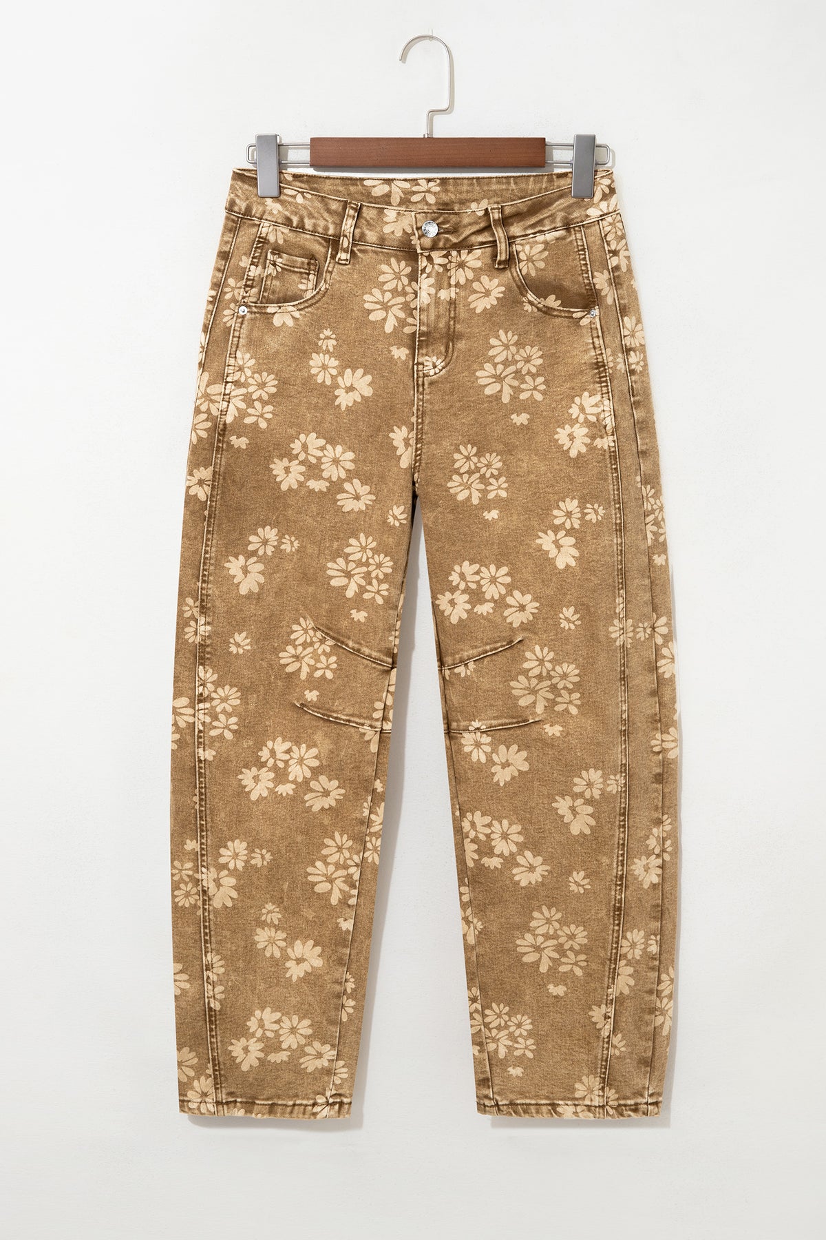 Khaki Floral Print Metal Button Pleated Straight Leg Jeans