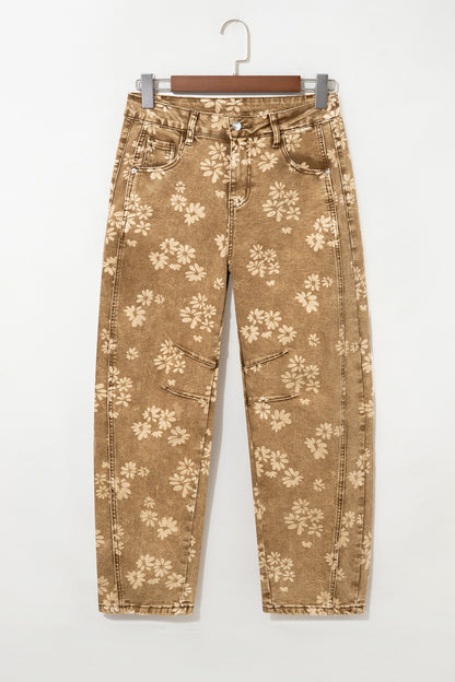 Khaki Floral Print Metal Button Pleated Straight Leg Jeans