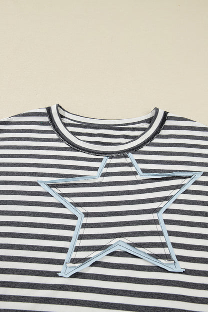 Gray Stripe Contrast Star Stitched Plus Size Long Sleeve Top