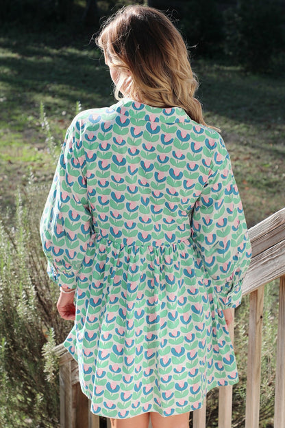 Green Floral Print Notched Neck Scalloped Detail Long Sleeve Mini Dress