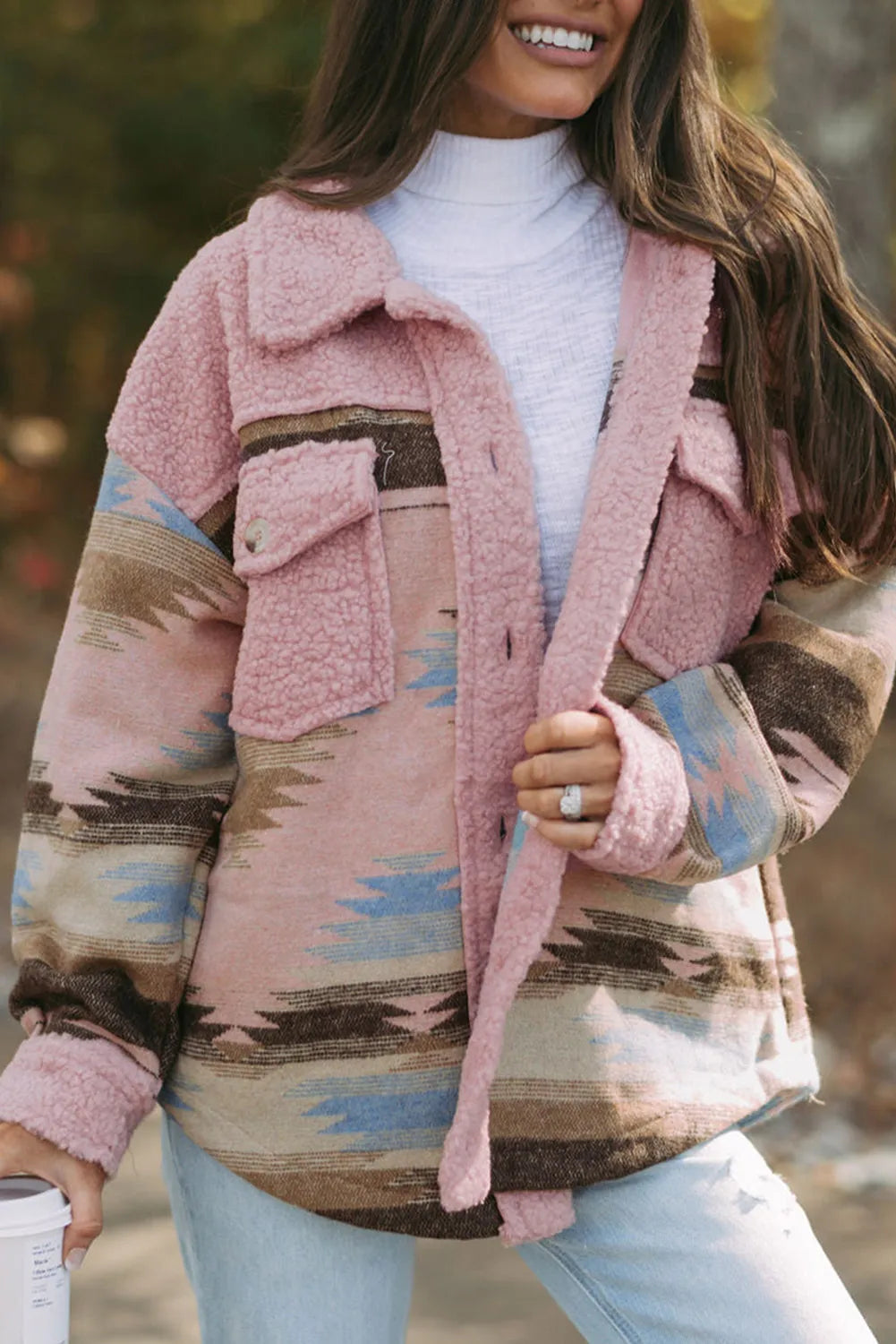 Pink Western Aztec Print Sherpa Splicing Buttoned Flap Pocket Coat - Chic Meadow Boutique 