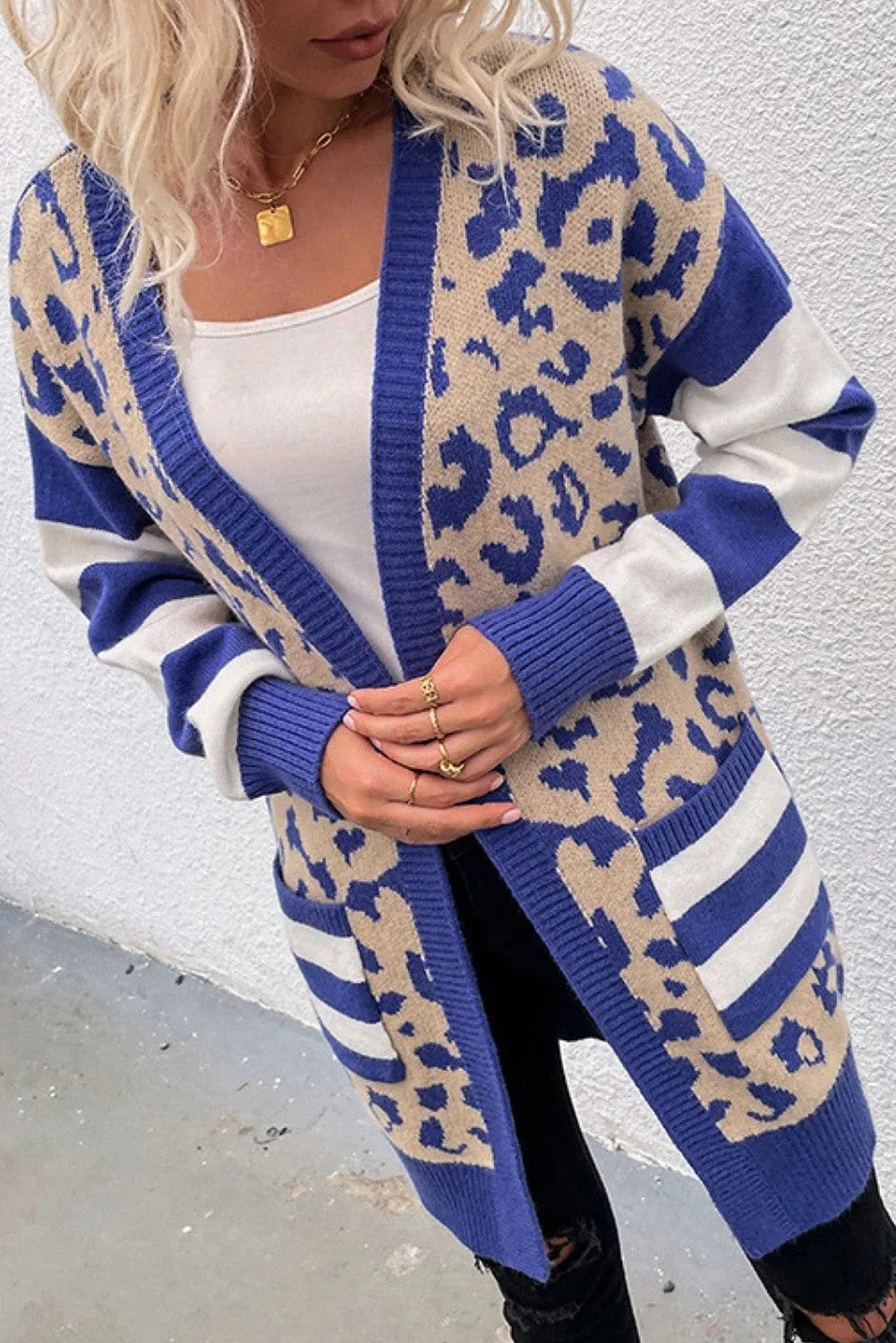 Dark Blue Stripe Sleeve Leopard Print Open Front Cardigan With Pockets - Chic Meadow Boutique 