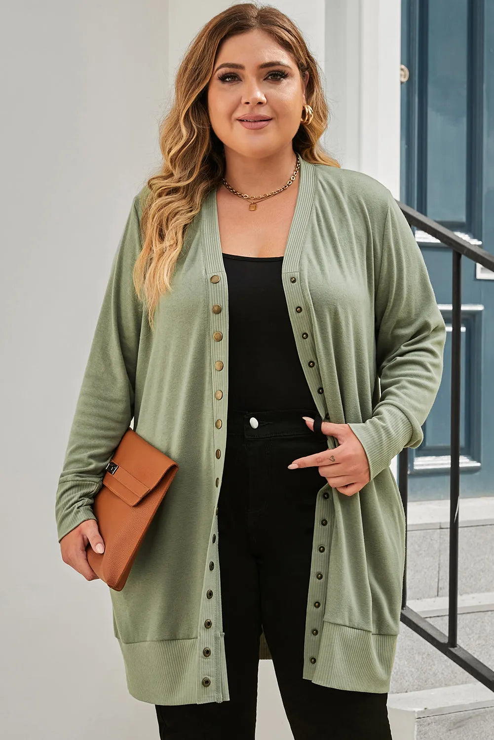 Green Plus Size Snap Buttons Front Knit Cardigan - Chic Meadow Boutique 