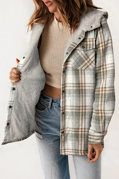 Gray Plaid Pattern Sherpa Lined Hooded Shacket - Chic Meadow Boutique 