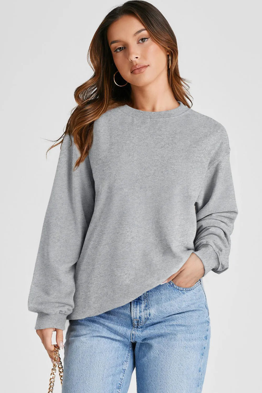 Light Grey Plain Drop Shoulder Crewneck Pullover Sweatshirt - Chic Meadow Boutique 