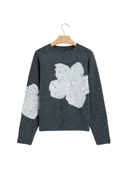 Dark Grey Beaded Floral Accent Casual Round Neck Sweater