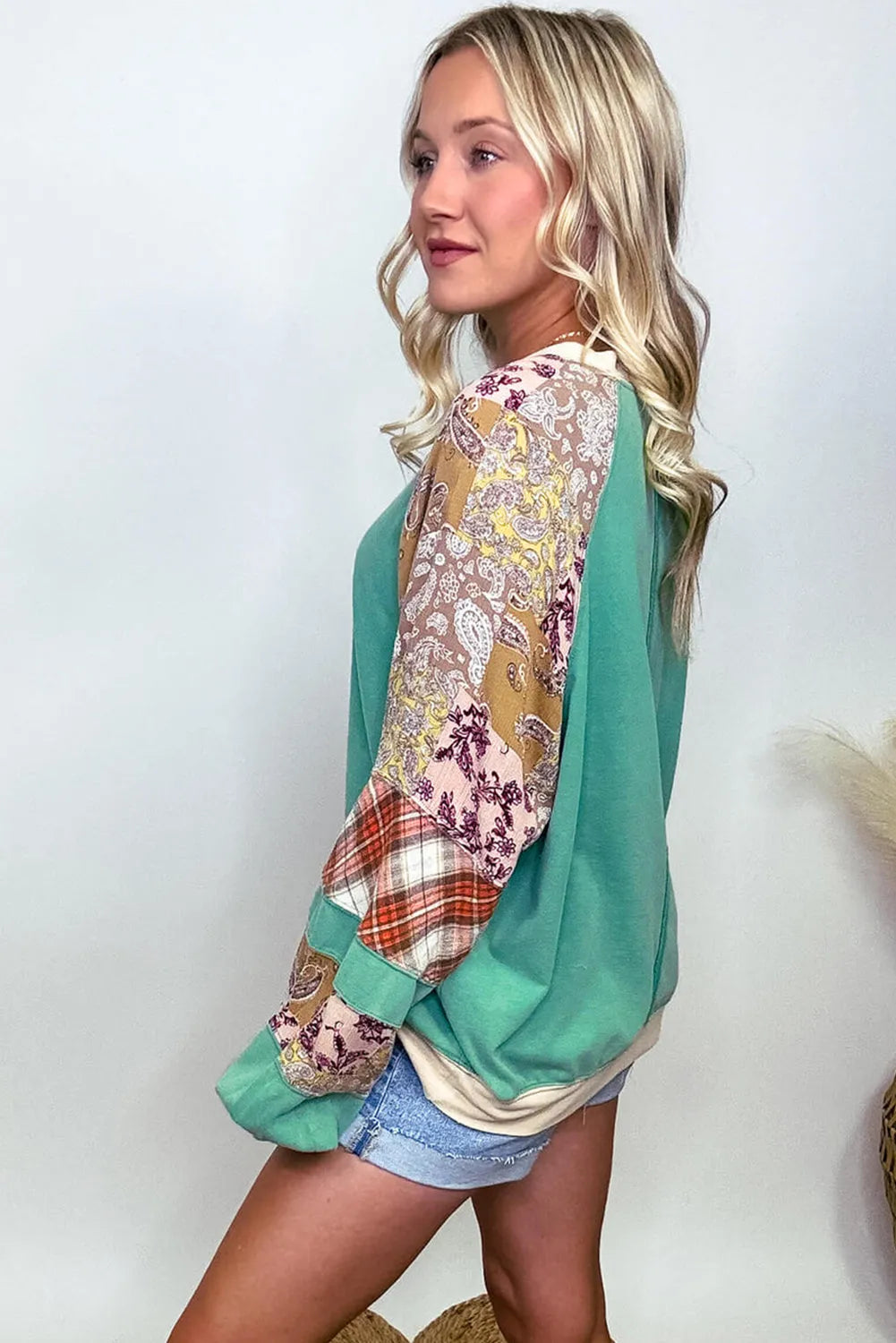 Sky Blue Plus Size Plaid Floral Patchwork Raglan Sleeve Sweatshirt - Chic Meadow Boutique 