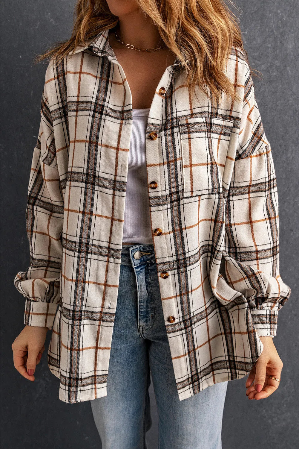 White Oversized Plaid Pattern Shacket with Slits - Chic Meadow Boutique 