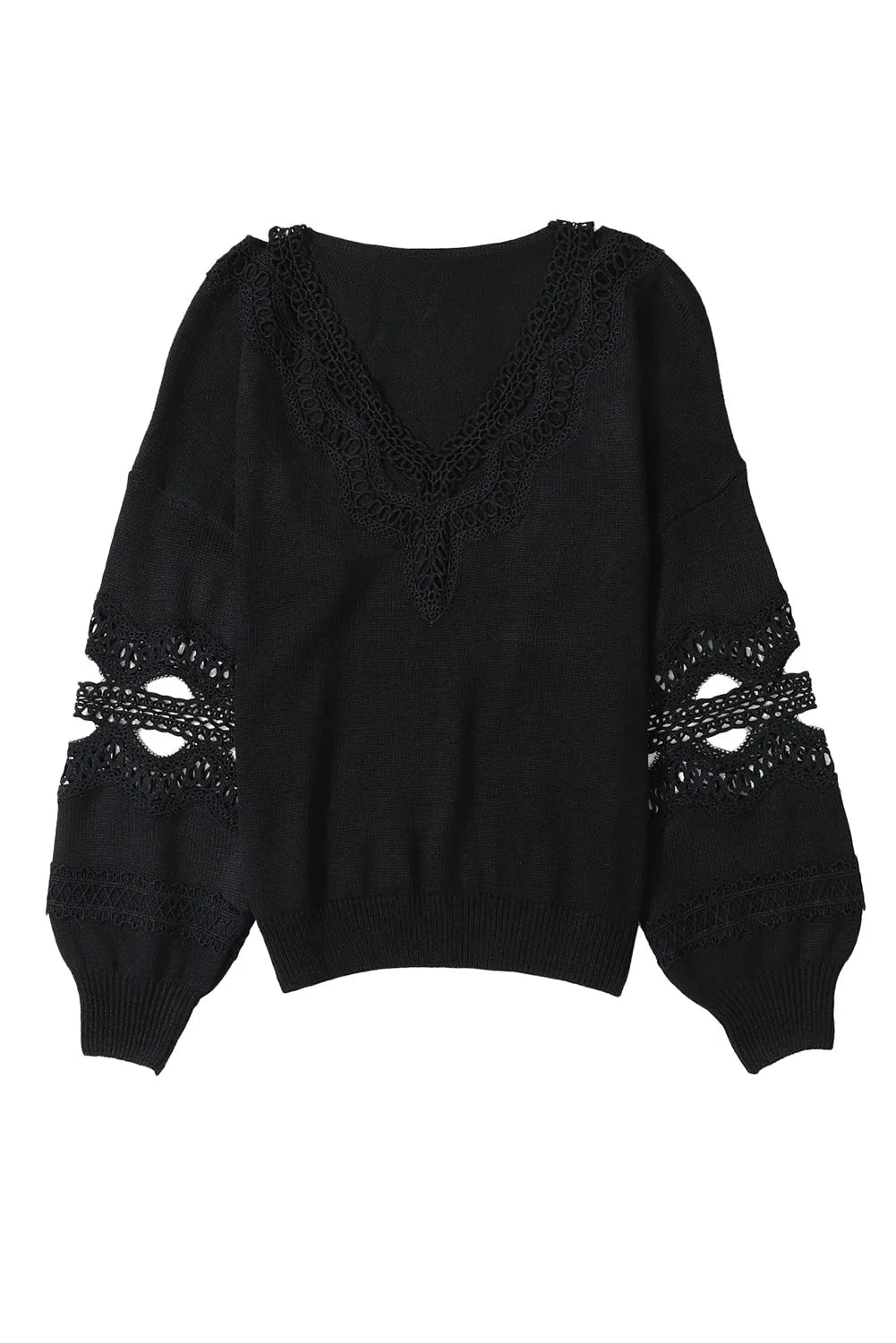 Black Hollowed Lace Splicing V Neck Loose Sweater - Chic Meadow Boutique 