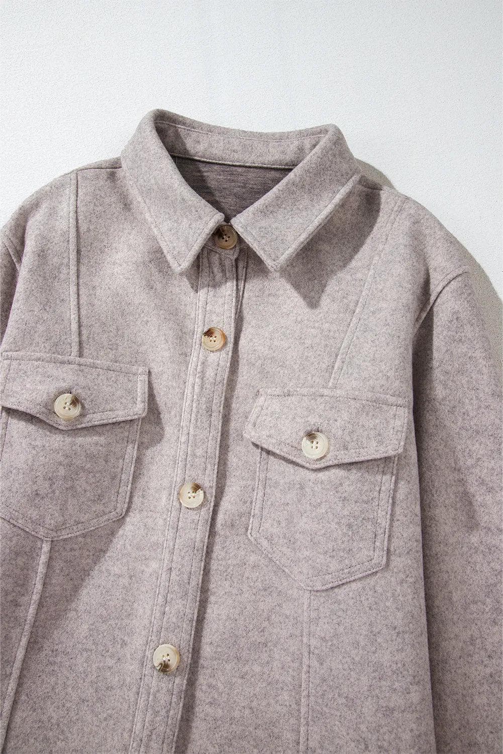 Outerwear/Jackets Light Grey Turn Down Collar Flap Pockets Buttoned Shacket