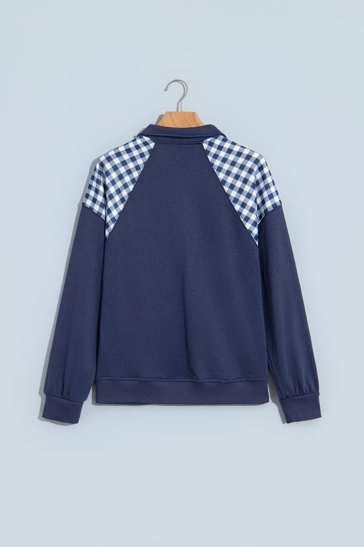 Navy Blue Patchwork Plaid Pocket Quarter Zip Sweatshirt