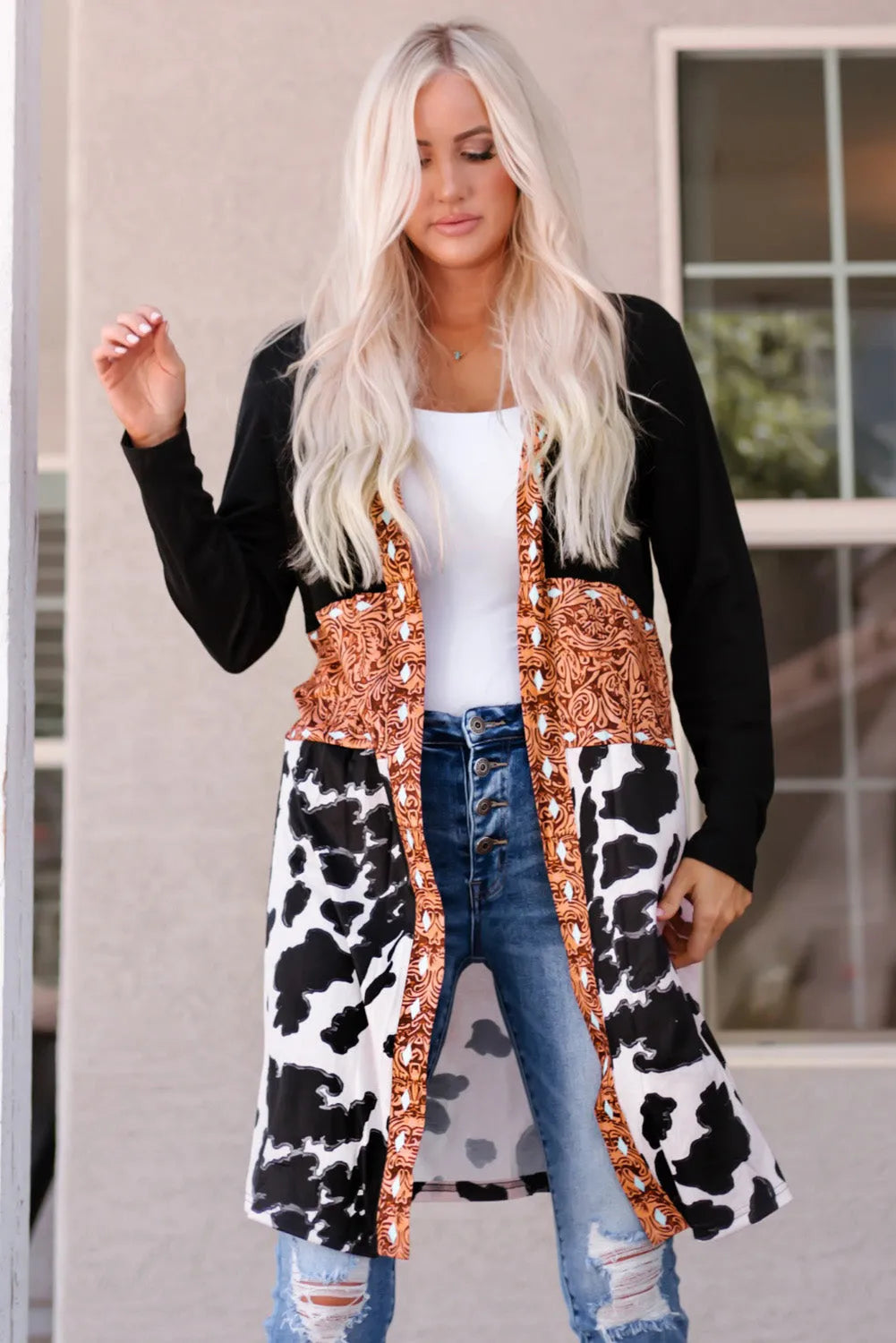 Black Western Pattern Cow Patchwork Open Front Cardigan - Chic Meadow Boutique 