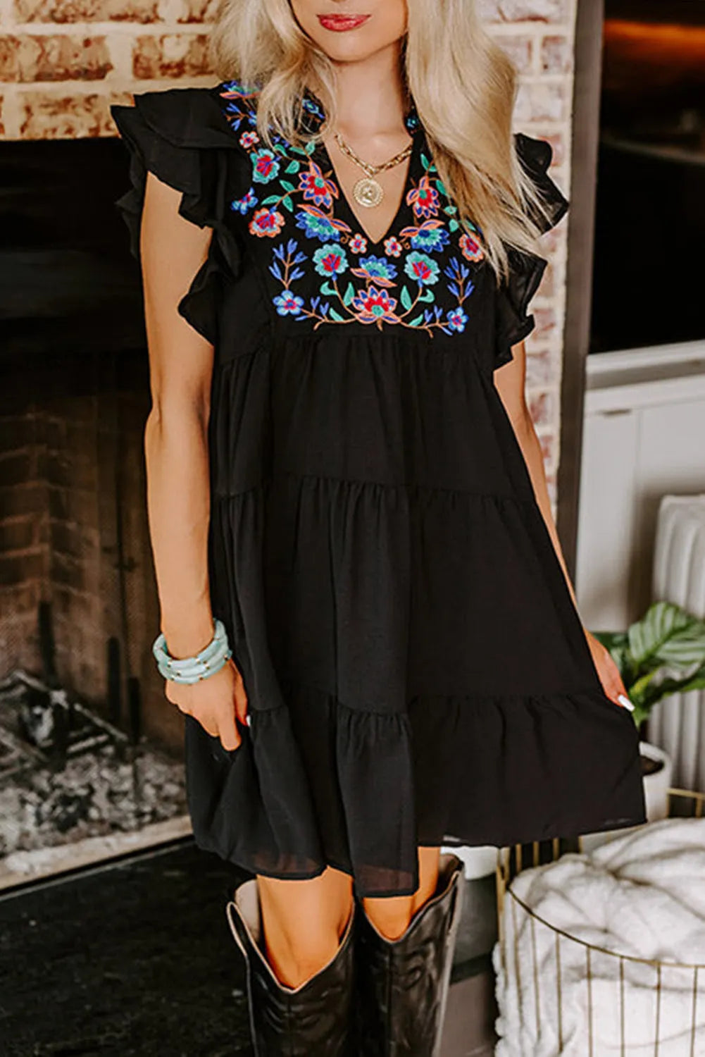 Black Floral Embroidered Tiered Ruffled Mini Dress - Chic Meadow Boutique 