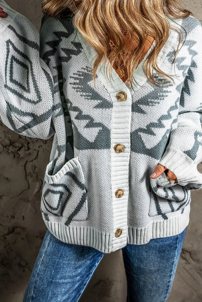 Sweaters & Cardigans/Cardigans Light Grey Geometric Pattern Ribbed Trim Button-Up Cardigan