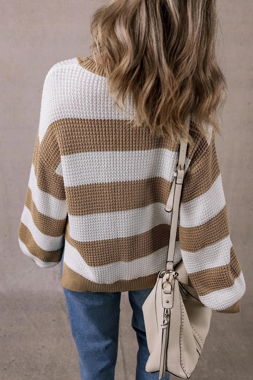 Sweaters & Cardigans/Sweaters Light French Beige Colorblock Striped Drop Shoulder Side Slit Sweater